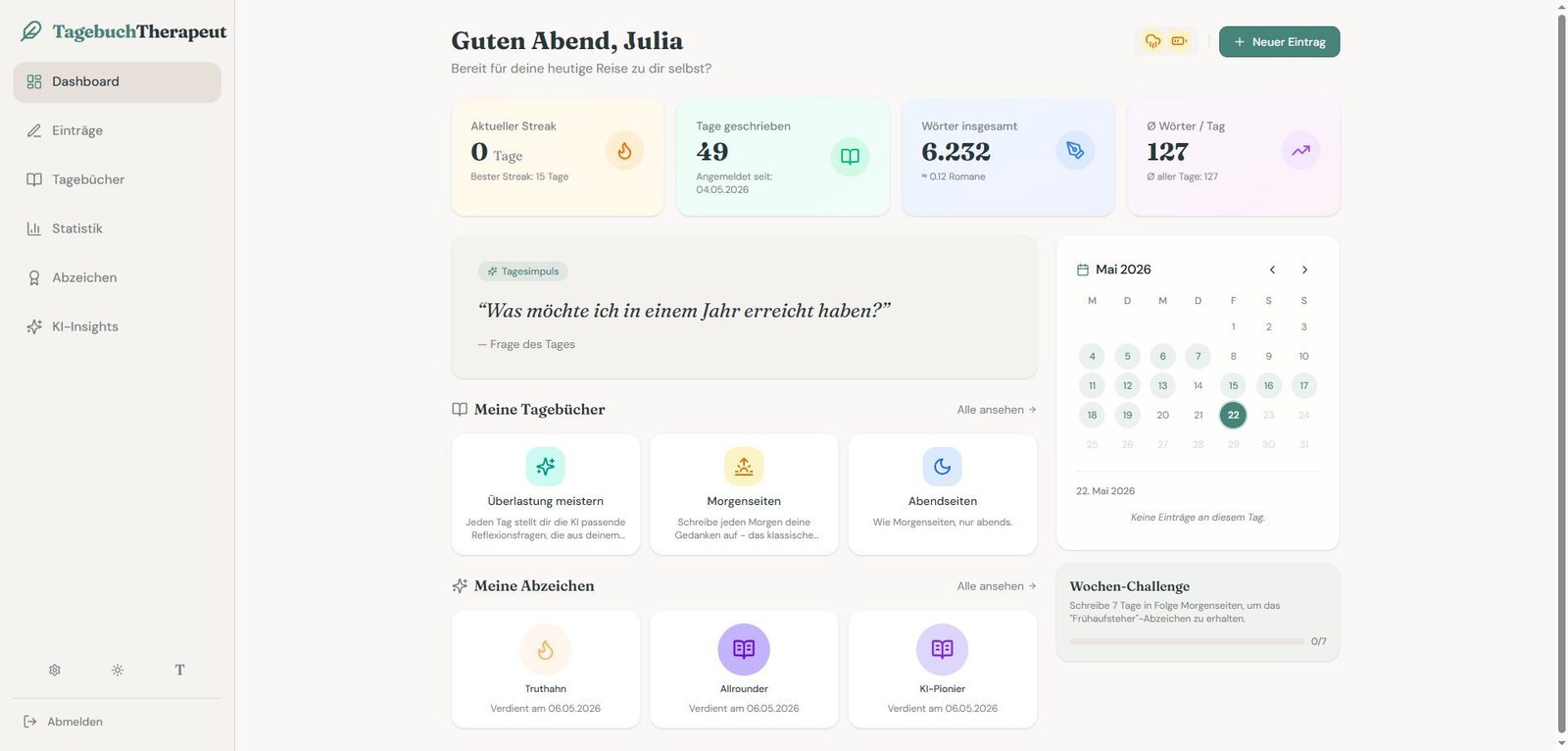 Tagebuchtherapeut - Dashboard